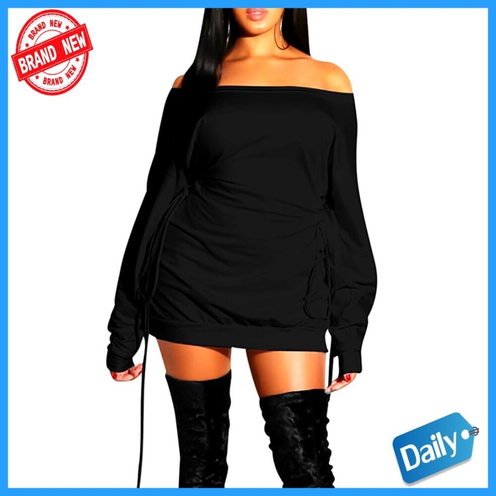 Sexy Off Shoulder Lace Up Mini Dress Long Sleeve Loose Fit Club Party